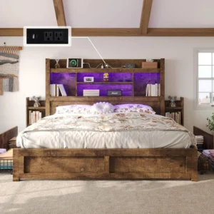 King Bed Frame with Bookcase Headboard