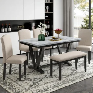 6-Person Solid Wood Dining Table Set